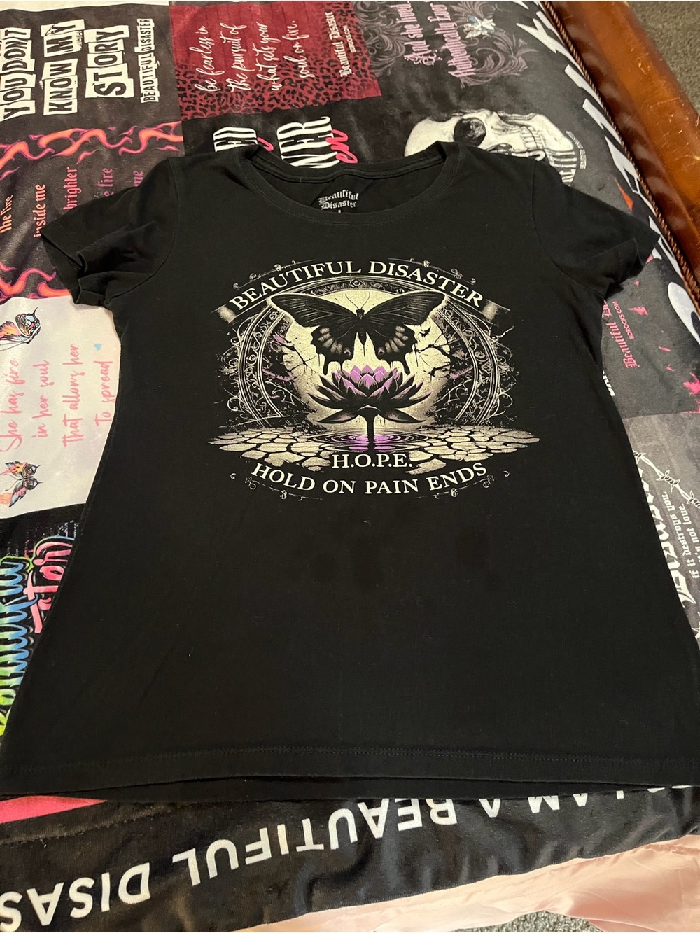 Beautiful Disaster Black Graphic Tee with Lotus & Butterfly